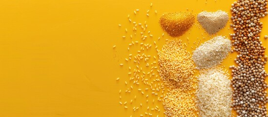 Poster - An overhead view of assorted grains and cereals like bulgur rice oatmeal buckwheat and couscous arranged on a yellow background with a heart icon and space for text. Creative banner. Copyspace image