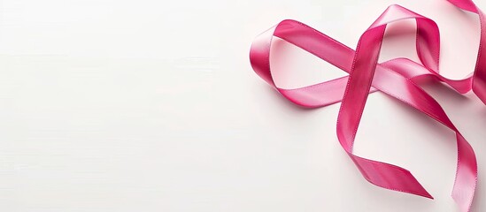 Poster - Top view of a pink ribbon symbolizing breast cancer awareness on a white background with empty space for text and other elements in the image. Creative banner. Copyspace image