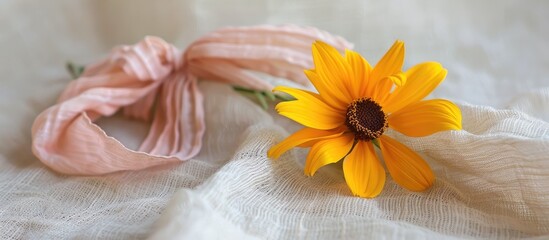 Fototapete - A yellow flower is elegantly adorned with a pretty pink ribbon against a soft linen backdrop suitable for a copy space image