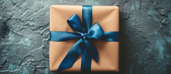 Aufkleber - Single gift box with brown wrapping and blue ribbon on top creating a festive holiday concept The close up top view showcases the present with a plain background and ample copy space image