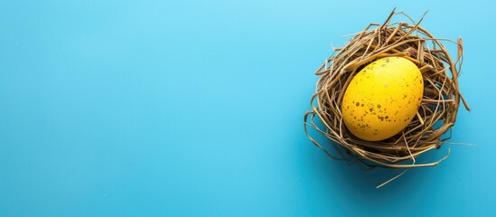Poster - A wooden egg decoration in yellow for Easter against a blue background with a top view suitable for a copy space image