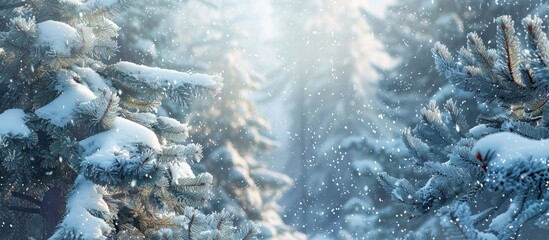 Fototapete - Winter forest with snow falling showcasing spruce branches Ideal scene for Christmas with a spacious area for additional images