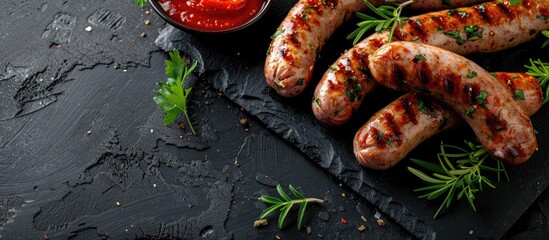 Poster - Top view of homemade grilled sausages on a black background with tomato sauce and herbs allowing for copy space image