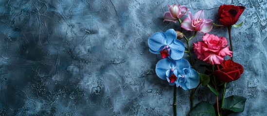 Wall Mural - Valentine s Day concept with a top view close up of blue orchids pink carnations and a red rose on a textured background with copy space image