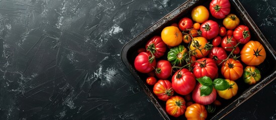 Poster - Tray with a variety of colorful organic tomatoes Red yellow pink and green varieties displayed on a black background with copy space image