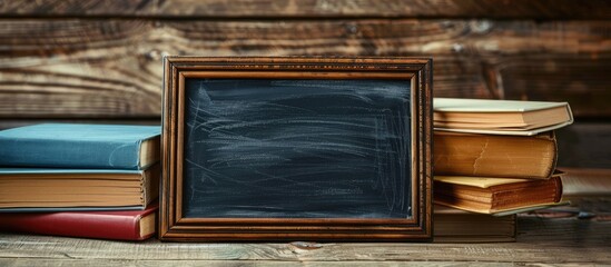 Poster - Wooden background with a chalkboard offering copy space image