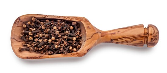 Poster - Top view of a wooden scoop filled with dried cloves isolated on a white background with clipping path for a copy space image