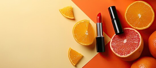 Poster - A minimalist flat lay featuring stylish cosmetics like an orange and a lipstick against a vibrant backdrop with room for text or images. Creative banner. Copyspace image