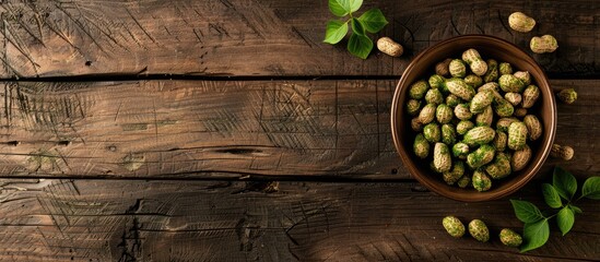 Poster - Peanuts with a wasabi coating displayed on a wooden surface providing an enticing copy space image