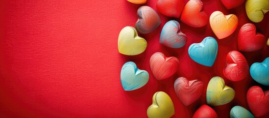Leinwandbilder - Valentine s Day or wedding themed greeting card featuring colorful hearts on a red backdrop with copy space image for personalization