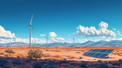 Wall Mural - flat illustration, wind turbines and a solar-panel in the desert, wind farm, desert landscape