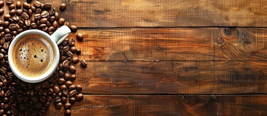 Wall Mural - Rustic wooden background with a cup of coffee and coffee beans with copy space image