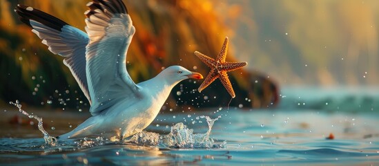 Poster - A seagull lifting a starfish from the water surface in a copy space image