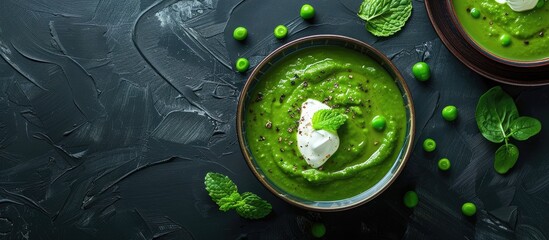 Aufkleber - Vegan soup featuring peas spinach coconut cream and mint garnish set against a dark backdrop Include copy space image