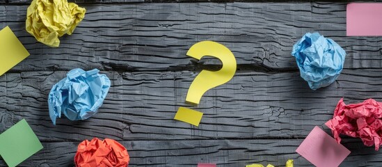 Poster - Top view copy space image of FAQ concept featuring sticky notes with questions next to crumpled paper on a dark wooden background including a question mark