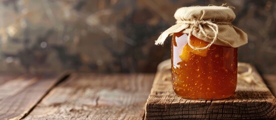 Aufkleber - Jar of apple jam on a wooden surface with copy space image available