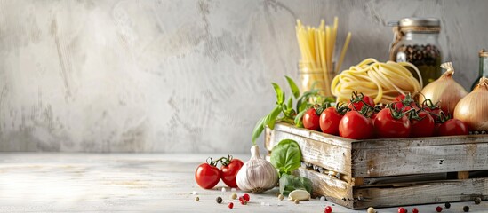 Poster - Ingredients and food concept composition displayed on a rustic white wooden table including onions garlic pasta in a wooden crate fresh ripe cherry tomatoes with copy space image