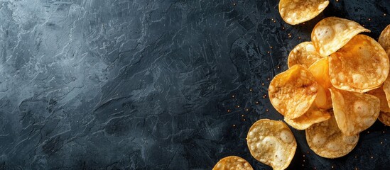 Aufkleber - Potato chips are displayed on a dark table with a blank space for text or images. Creative banner. Copyspace image