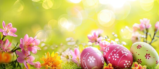 Aufkleber - Isolated Easter elements like colorful eggs and flowers on a card with space for text a perfect copy space image for Easter greetings