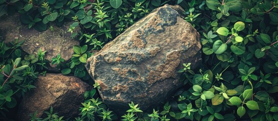 Poster - Natural textured background featuring a brown grey granite stone amidst green groundcover with a retro filter effect ideal for copy space image