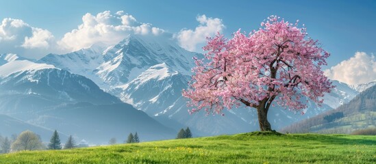 Aufkleber - A solitary pink cherry blossom tree stands on green grass with snow capped mountains in the background on a sunny spring morning creating a tranquil rural beauty ideal for copy space image