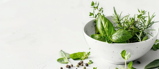 Poster - White background highlights a bowl with fresh herbs in a copy space image
