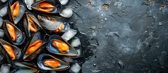 Poster - Top down view of raw mussels on ice against a dark stone backdrop with space for text or graphics ideal for seafood presentations. Creative banner. Copyspace image