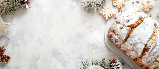 Poster - A festive Christmas Stollen adorned with powdered sugar displayed on a rustic white table in a flat lay composition with room for text. Creative banner. Copyspace image