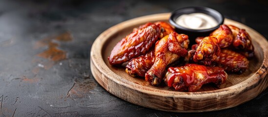 Aufkleber - Hot fried chicken wings served as a snack on a wooden plate with ketchup and mayonnaise in a fast food setting against a dark backdrop with copy space image