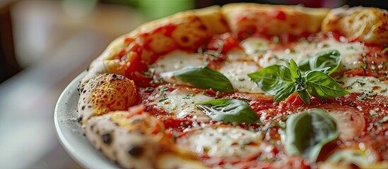 Aufkleber - Selective focus on a delectable Pizza Margarita showcasing rich tomato sauce and Mozzarella cheese leaving room for a captivating copy space image