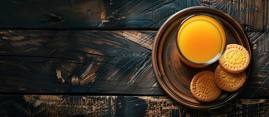 Poster - Top view of a glass of orange juice and a plate with cookies on a wooden surface against a dark background with copy space image