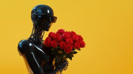 Sticker - Black robot holding red roses bouquet on yellow background