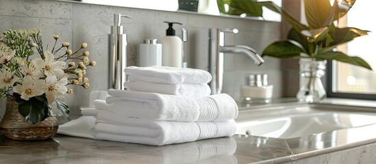 Aufkleber - Modern bathroom scene with clean white towels stacked neatly on a ceramic countertop providing a refreshing aesthetic with copy space image