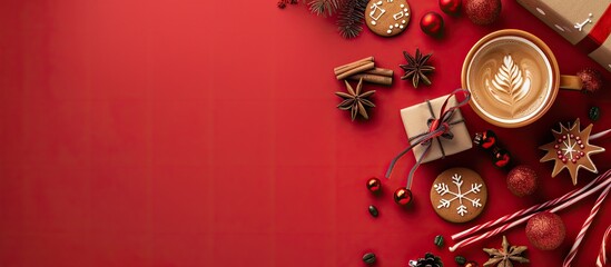 Fototapete - Red background with Christmas themed decorations on the right side featuring coffee a gift box and cookies along with ample copy space for adding text or logo in the image