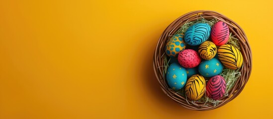 Poster - Panoramic view of a wicker basket filled with vibrant Easter eggs on a yellow paper background with copy space image