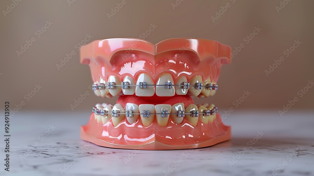 A detailed lifelike model of teeth fitted with orthodontic braces ...