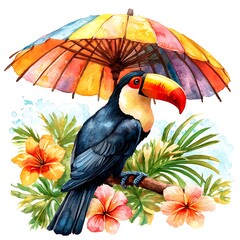 Wall Mural - Watercolor Illustration of a Toucan with a Colorful Umbrella and Tropical Flowers.