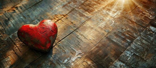 Leinwandbilder - Rustic Valentine s Day background featuring a handmade red heart on a weathered backdrop with sunrays perfect for adding text or other images. Creative banner. Copyspace image