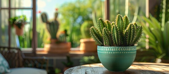 Poster - A green cactus displayed on a table by a window in the garden creating a peaceful ambience with copy space image