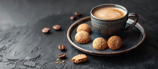 Aufkleber - Selective focus on a dark background enhances a visually appealing composition of a cup of fresh coffee accompanied by Amaretti cookies creating an aesthetic copy space image