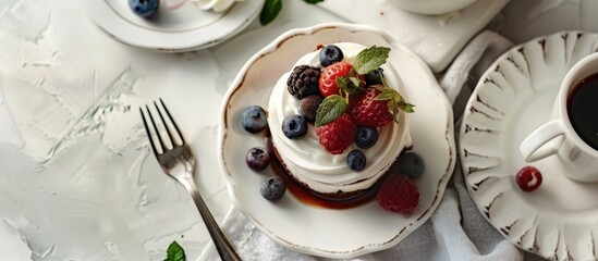 Poster - Enjoy a breakfast spread featuring coffee and pudding showcased in a delightful copy space image