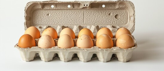 Poster - An open carton with twelve eggs removed set against a white backdrop for a copy space image