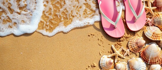 Sticker - Shellfish and pink flip flops placed on sandy beach with copy space image