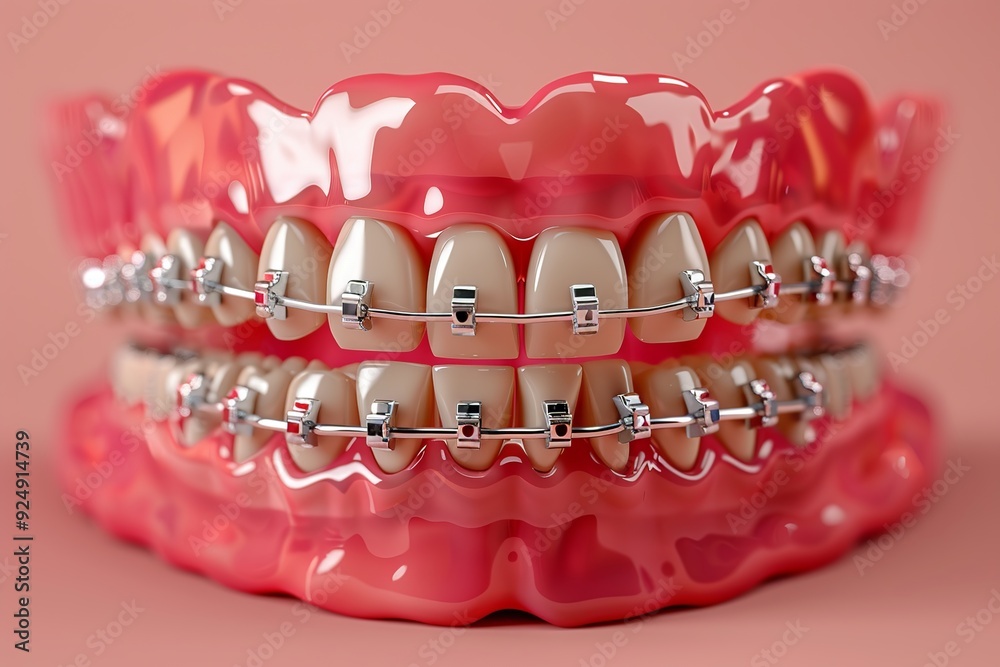 A detailed lifelike model of teeth fitted with orthodontic braces ...