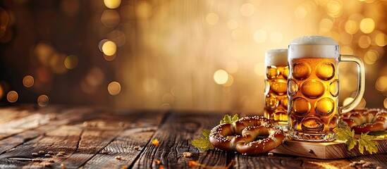 Poster - Oktoberfest celebration with beer mugs pretzels and a wooden table in a festive beer festival setting with copy space image