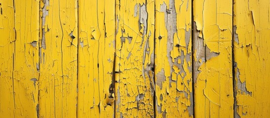 Poster - Vintage brown wooden fence with a cracked wall background featuring a yellow painted wood texture close up and ample copy space image
