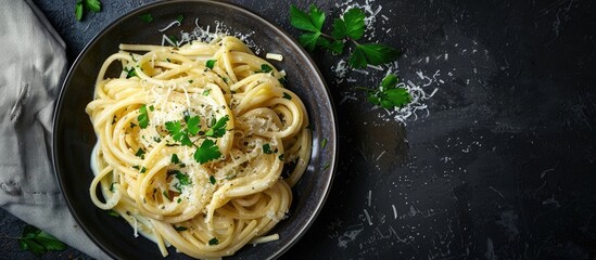 Poster - Garlic cream sauce coated spaghetti topped with herbs parmesan cheese and available copy space image