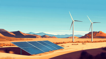 Wall Mural - flat illustration, wind turbines and a solar-panel in the desert, wind farm, desert landscape