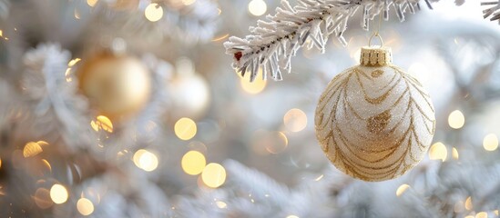 Poster - Golden bauble hanging decoratively on a white Christmas tree branch in a festive setting ideal for Christmas and New Year celebrations with copy space image