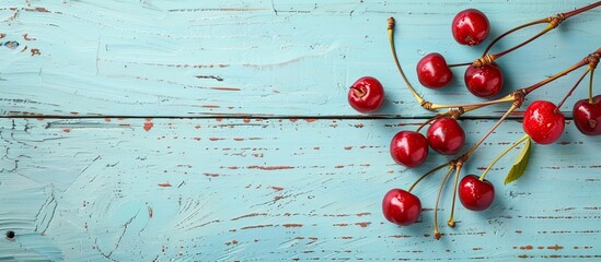 Poster - Ripe red cherries sit on branches on a light blue wooden table with a striped texture creating a vibrant copy space image